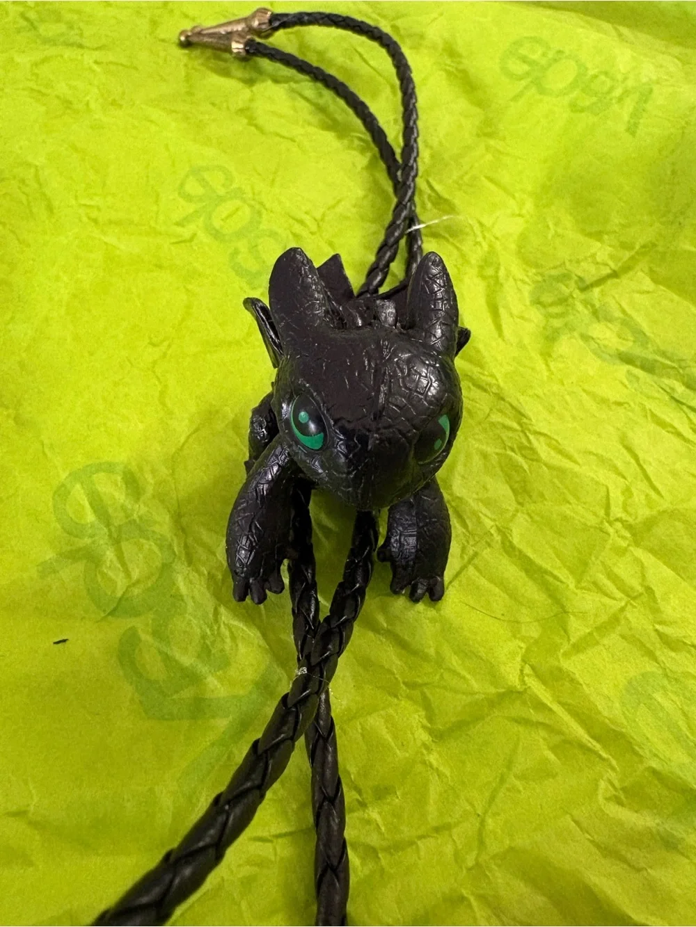 Black Dragon Pendant Bolo Tie with Green Eyes